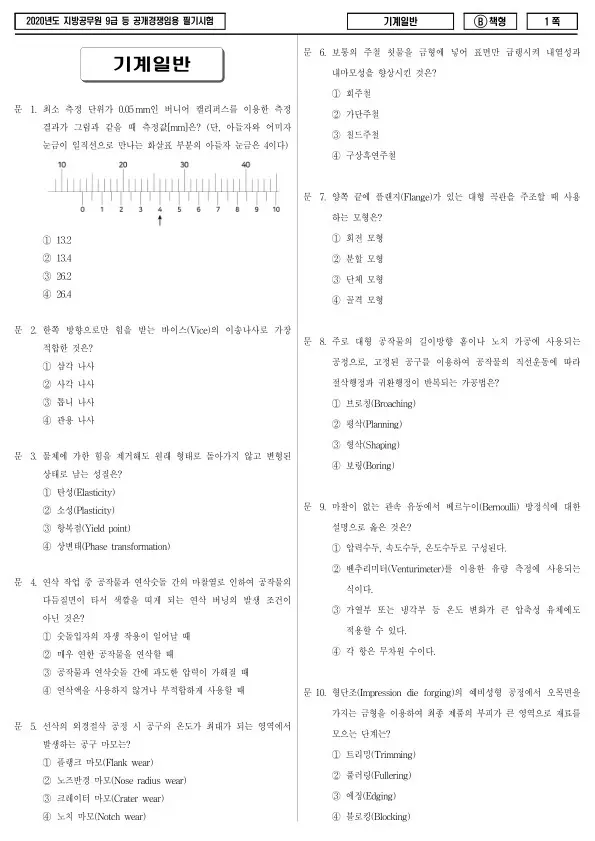 2020년 제1회 지방공무원 9급 기계일반 (B)