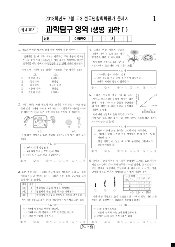 2018년 7월 고3 학평(인천) 생명과학I
