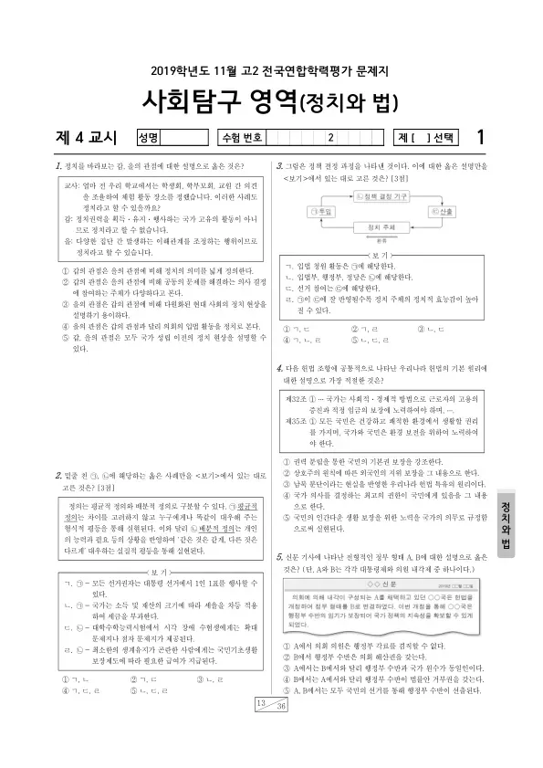 2019년 11월 고2 사회탐구 정치와 법