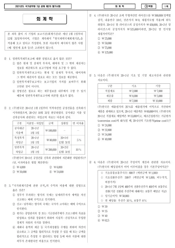 2021년 국가공무원 7급 2차 회계학 (가)
