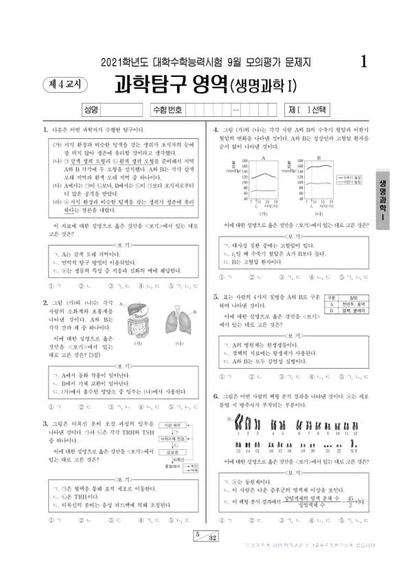 2021년 9월 고3 과학탐구 생명과학 I