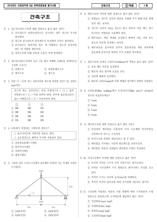 2019년 제2회 지방공무원 9급 경력경쟁 건축구조 (D)