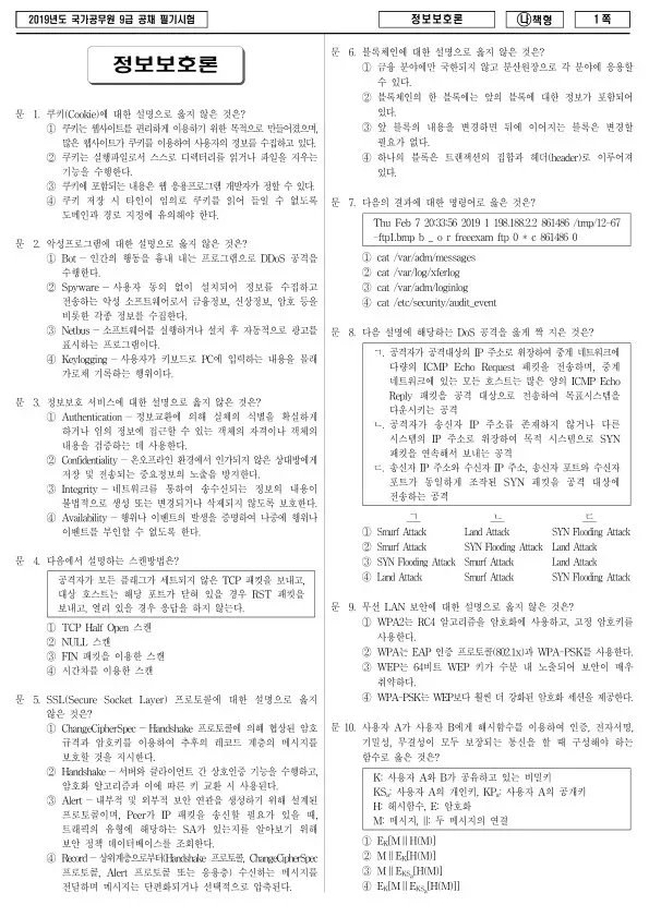 2019년 국가공무원 9급 정보보호론 (나)