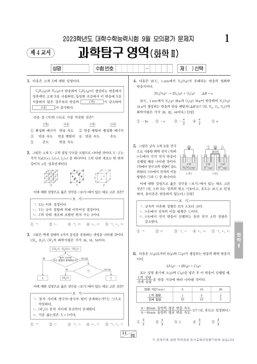 2023년 9월 고3 과학탐구 화학 II 썸네일 이미지