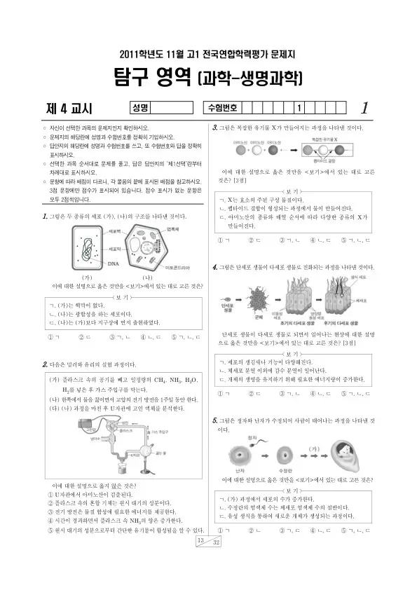 2011년 11월 고1 학평(경기) 생명과학