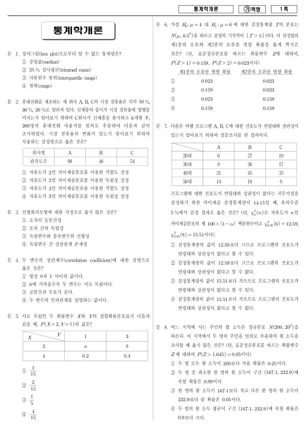 2018년 국가공무원 9급 통계학개론 (가)