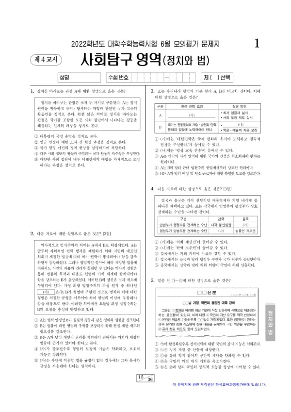 2022년 6월 고3 사회탐구 정치와 법
