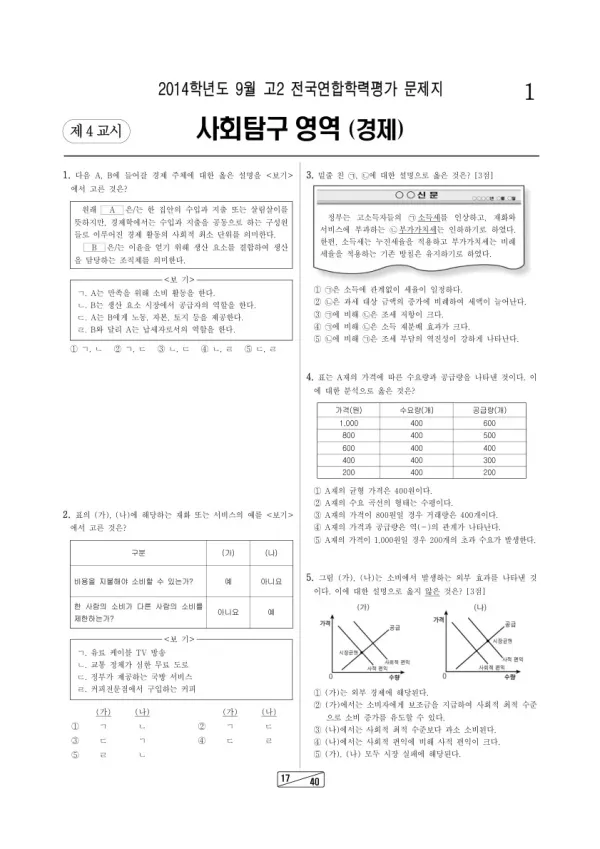2014년 9월 고2 학평(인천) 경제