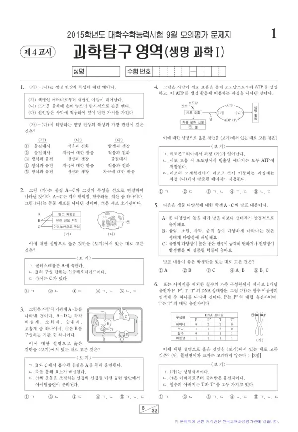 2015학년도 9월 모평(평가원) 생명과학I