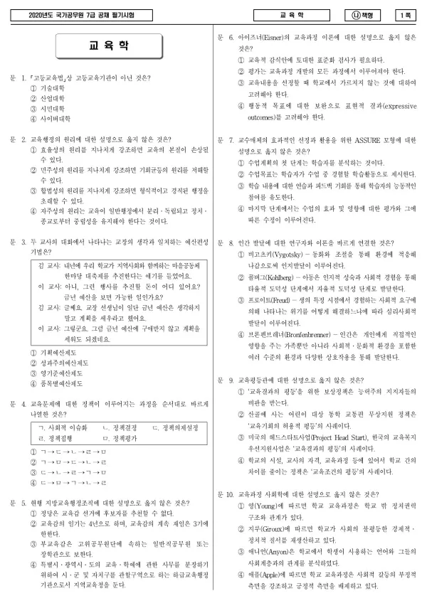 2020년 국가공무원 7급 교육학 (나)