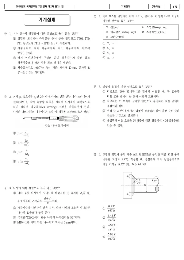 2021년 국가공무원 7급 2차 기계설계 (가)