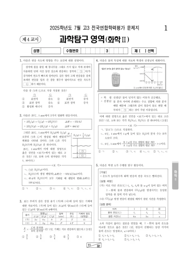 2025년 7월 고3 학평(인천) 화학II