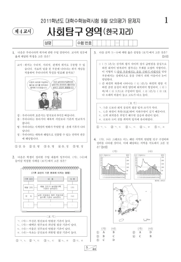2011학년도 9월 모평(평가원) 한국지리