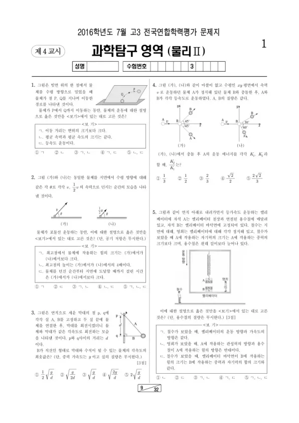 2016년 7월 고3 학평(인천) 물리II