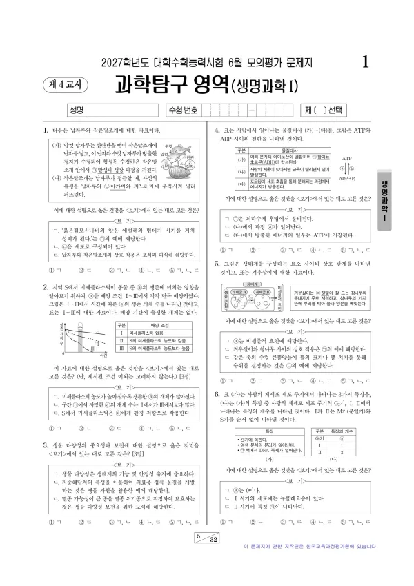 2027년 6월 고3 과학탐구 생명과학I