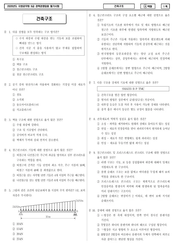 2020년 제2회 지방공무원 9급 경력경쟁 건축구조 (A)