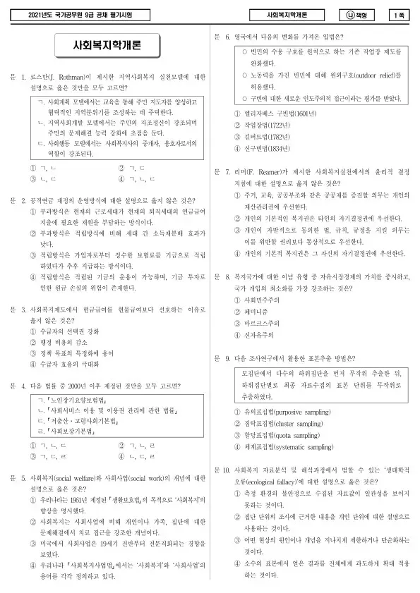 2021년 국가공무원 9급 사회복지학개론 (나)