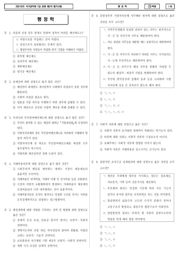 2021년 국가공무원 7급 2차 행정학 (가)