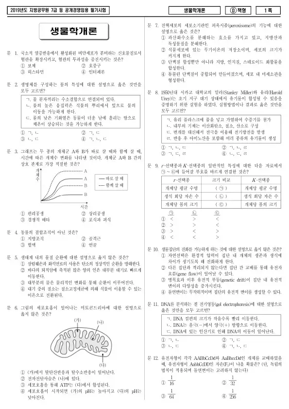 2019년 제2회 지방공무원 7급 생물학개론 (D)