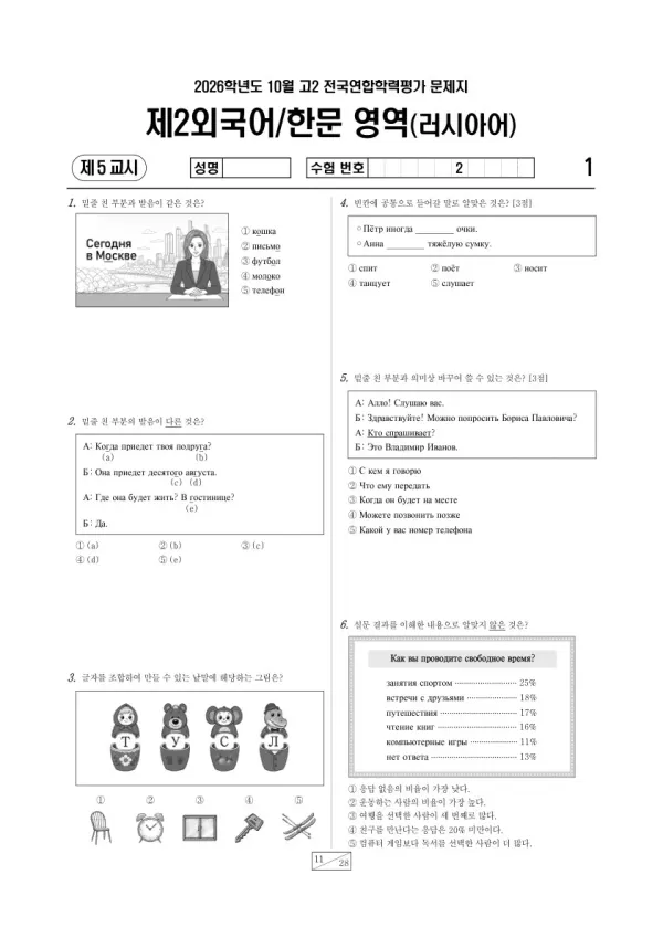 2026년 고2 10월 학평(경기) 러시아어Ⅰ