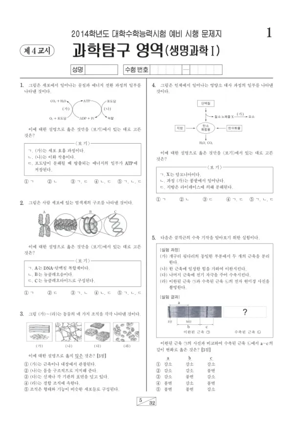 2014학년도 수능 예비시행(평가원) 생명과학I