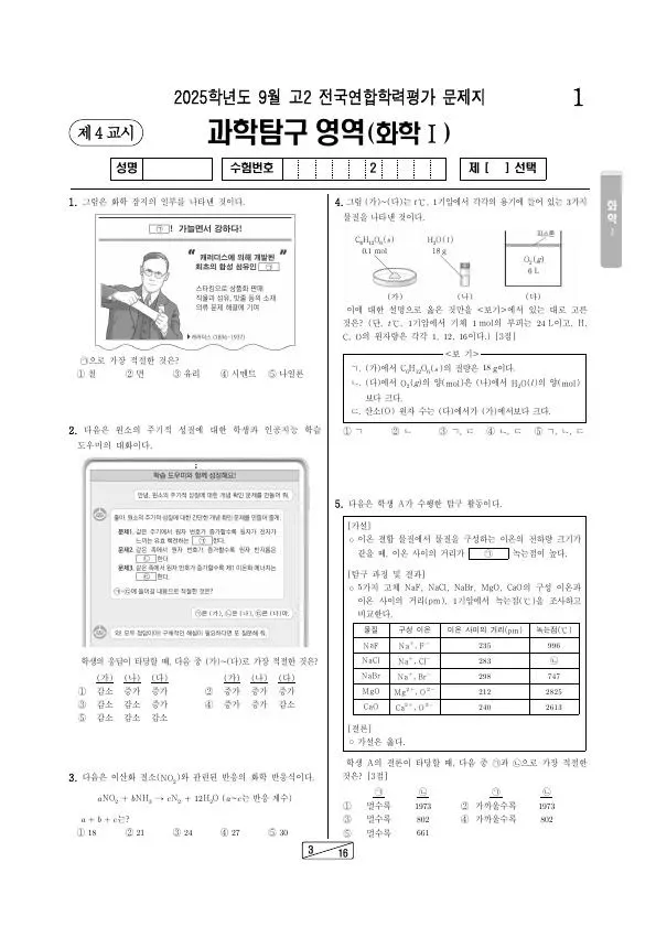2025년 9월 고2 학평(인천) 화학I