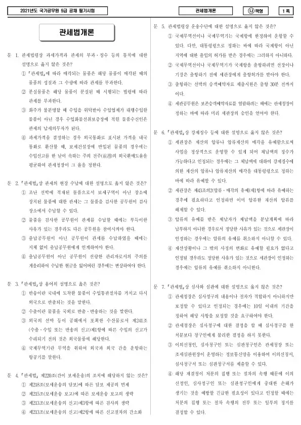 2021년 국가공무원 9급 관세법개론 (나)