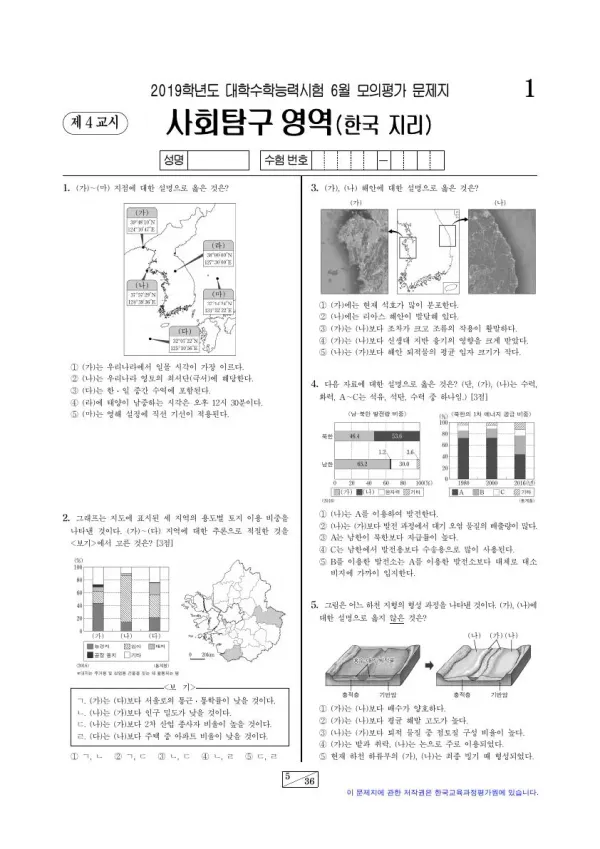 2019년 6월 고3 사회탐구 한국지리