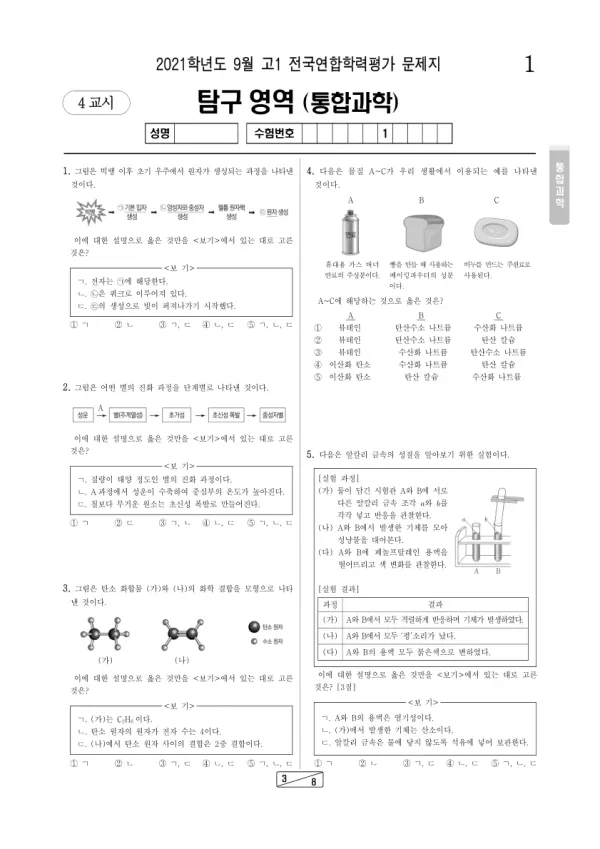 2021년 9월 고1 과학탐구 통합과학