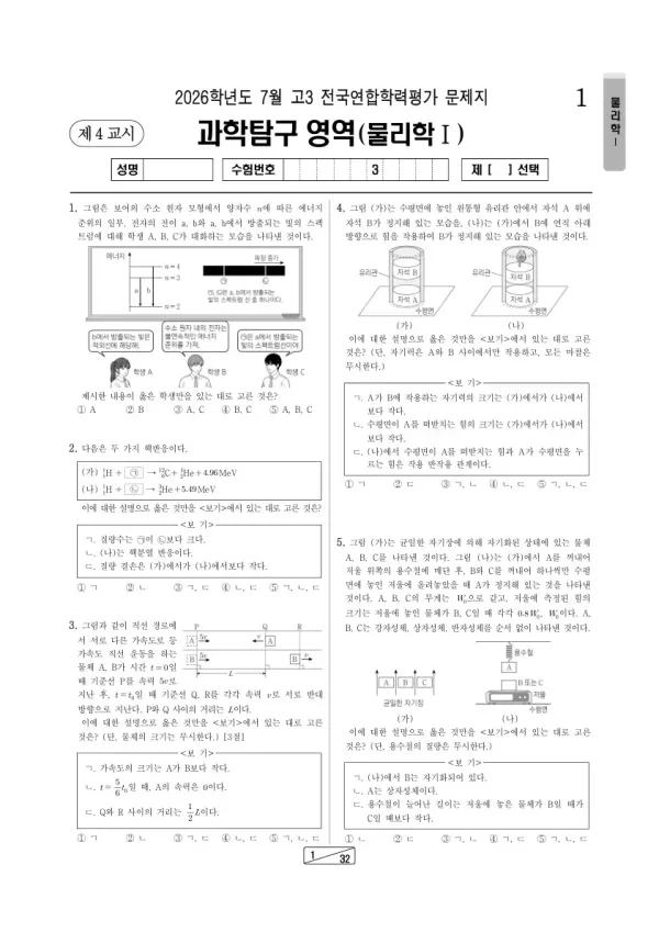 2026년 7월 고3 학평(인천) 물리학I