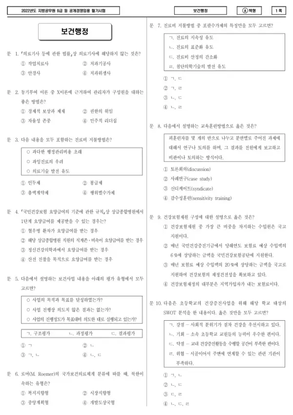 2022년 제1회 지방공무원 9급 보건행정 (A)
