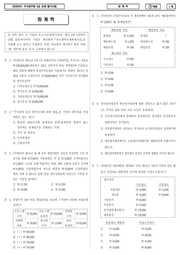 2020년 국가공무원 9급 회계학 (가)