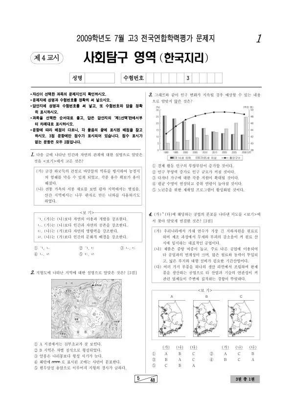 2009년 7월 고3 학평(인천) 한국지리