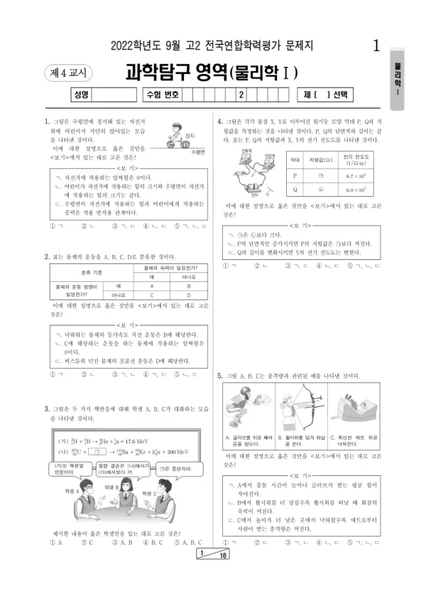 2022년 9월 고2 과학탐구 물리학 I