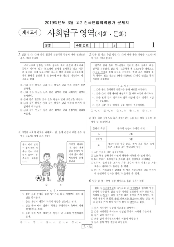2019년 3월 고2 사회탐구 사회문화