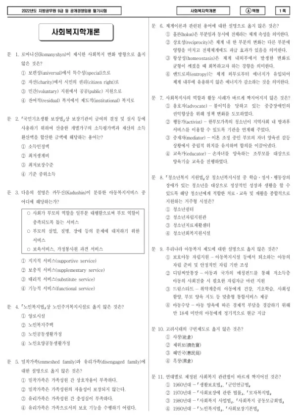 2022년 제1회 지방공무원 9급 사회복지학개론 (A)