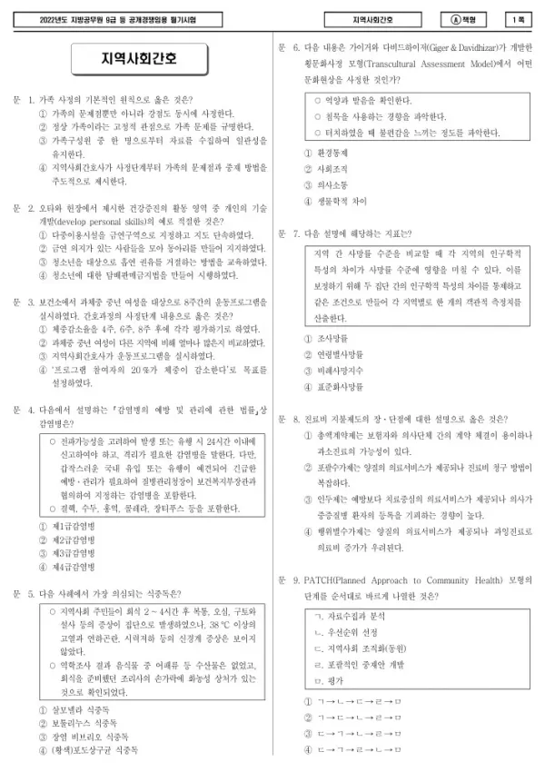2022년 제1회 지방공무원 9급 지역사회간호 (A)