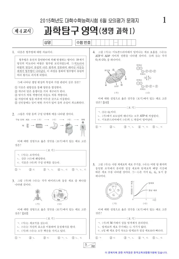 2015학년도 6월 모평(평가원) 생명과학I