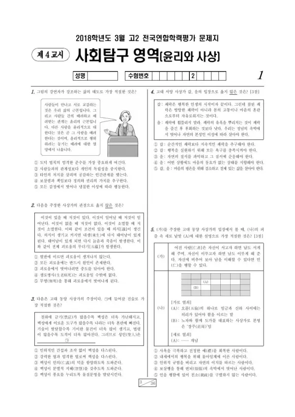 2018년 3월 고2 사회탐구 윤리와 사상