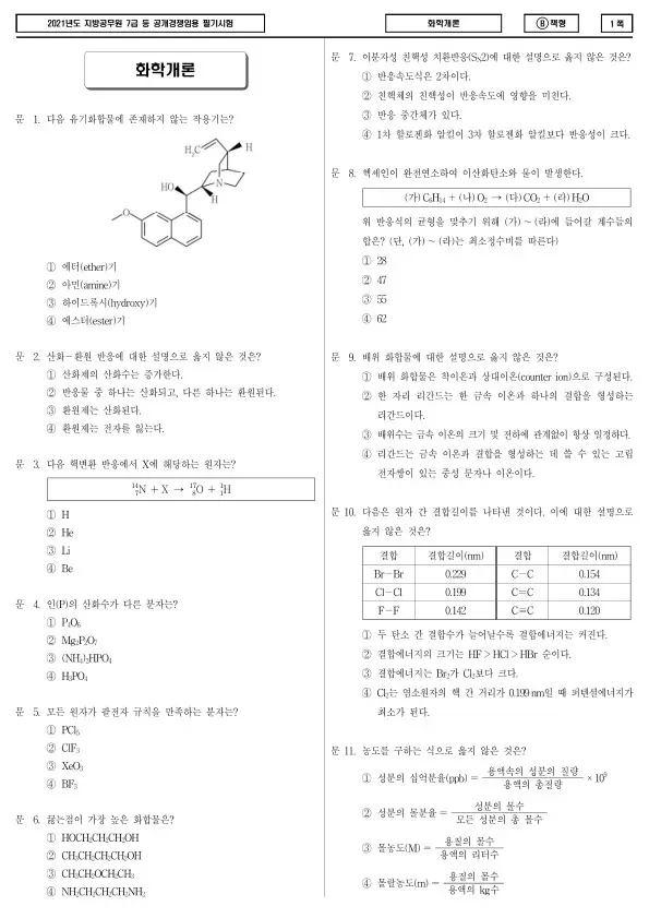 2021년 제2회 지방공무원 7급 화학개론 (B)
