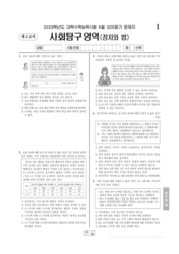 2023년 6월 고3 사회탐구 정치와 법