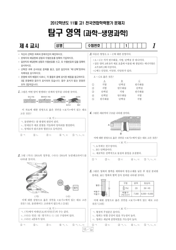 2012년 11월 고1 학평(경기) 생명과학