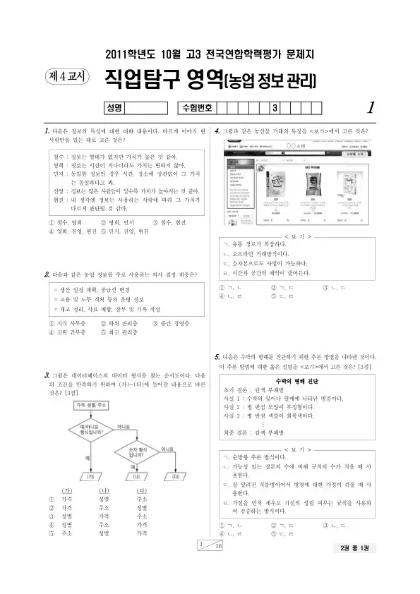 2011년 10월 고3 학평(서울) 농업정보관리