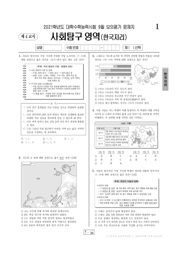 2021년 9월 고3 사회탐구 한국지리