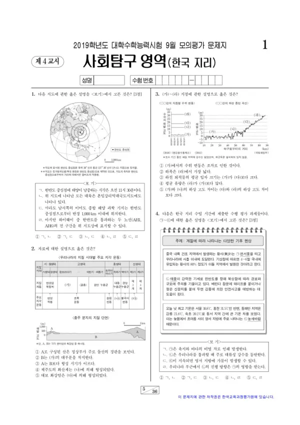 2019학년도 9월 모평(평가원) 한국지리