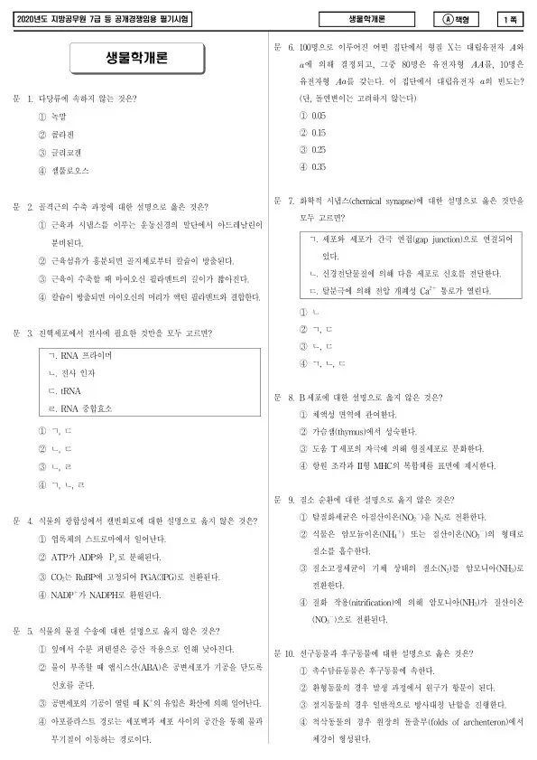 2020년 제2회 지방공무원 7급 생물학개론 (A)