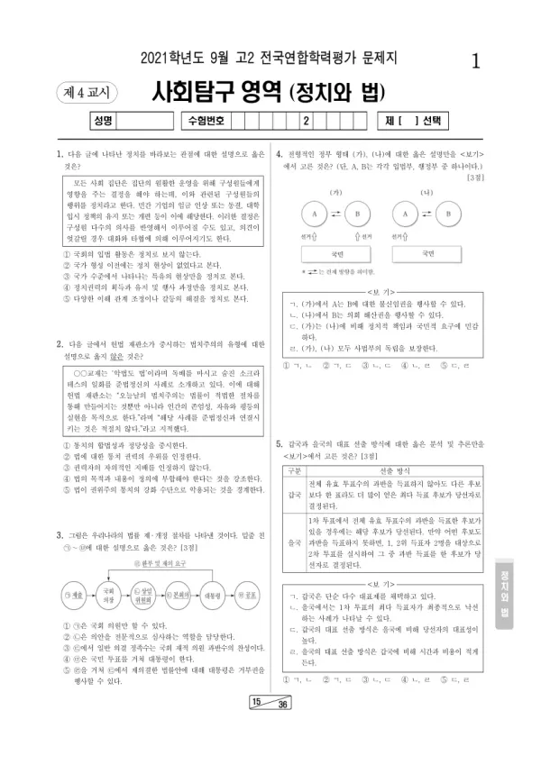 2021년 9월 고2 사회탐구 정치와 법