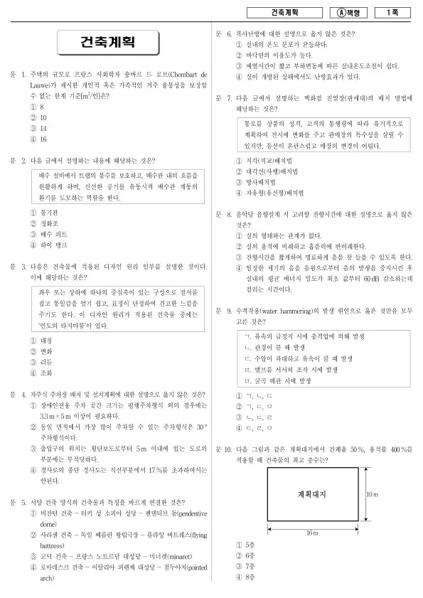 2016년 제2회 지방공무원 9급 경력경쟁 건축계획 (A)