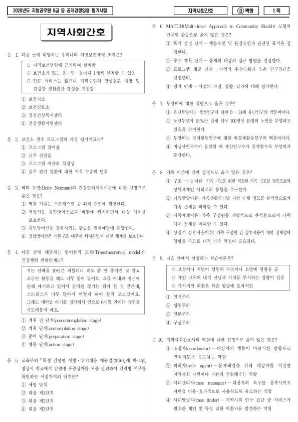 2020년 제1회 지방공무원 9급 지역사회간호 (D)
