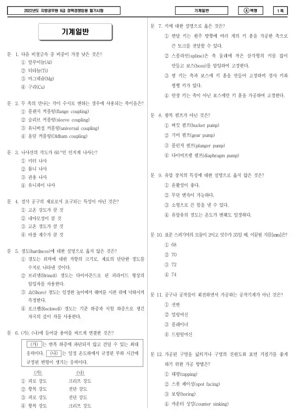 2022년 제2회 지방공무원 9급 경력경쟁 기계일반 (A)